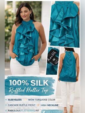 Azwell 100% Silk Ruffle Halter Top Size M Teal Turquoise Sleeveless Blouse